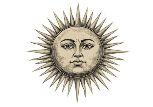 Vintage Sun Illustration on Transparent Background in Beige and Gold