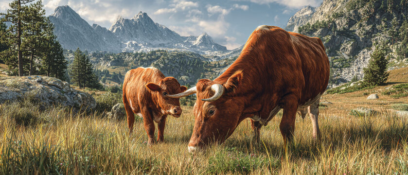 Red cow nursing her calf in a picturesque alpine meadow surrounded by majestic mountains