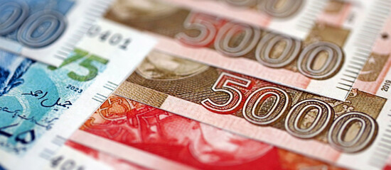 Pakistan rupees banknotes close up. The current Pakistan money bills lies on table in big amount