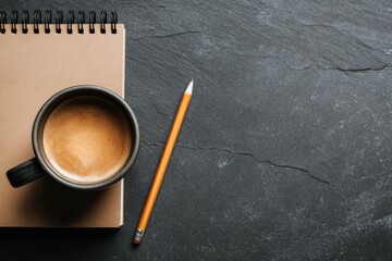 Coffee Mug and Pencil on Notepad.