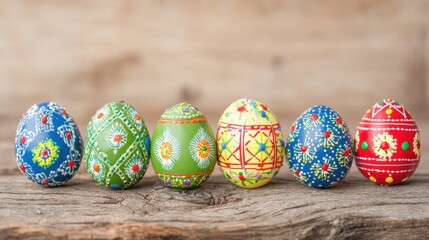 Festive Easter eggs with natural wooden texture, conveying joy and tradition, ideal for seasonal promotions and family themes.