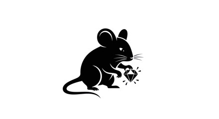 Simple black silhouette of a mouse holding a sparkling diamond.