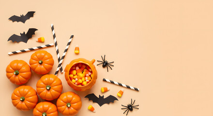 Flat lay Halloween candy corn arrangement with mini pumpkins, bats, spiders, and striped straws on a beige background.