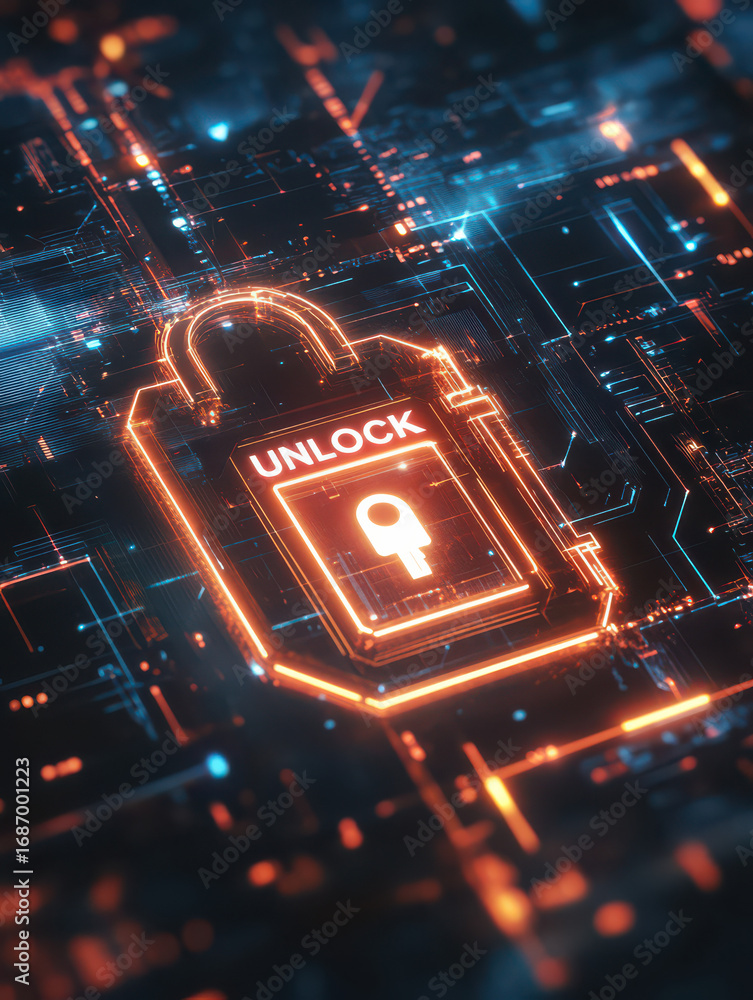 Poster digital security: a mesmerizing display of modern cybersecurity, where a glowing padlock icon illumi