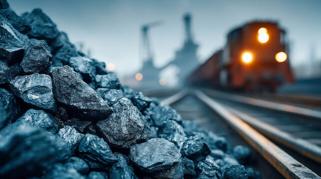 Coal train transporting cargo through industrial area at dawn with vibrant blue tones
