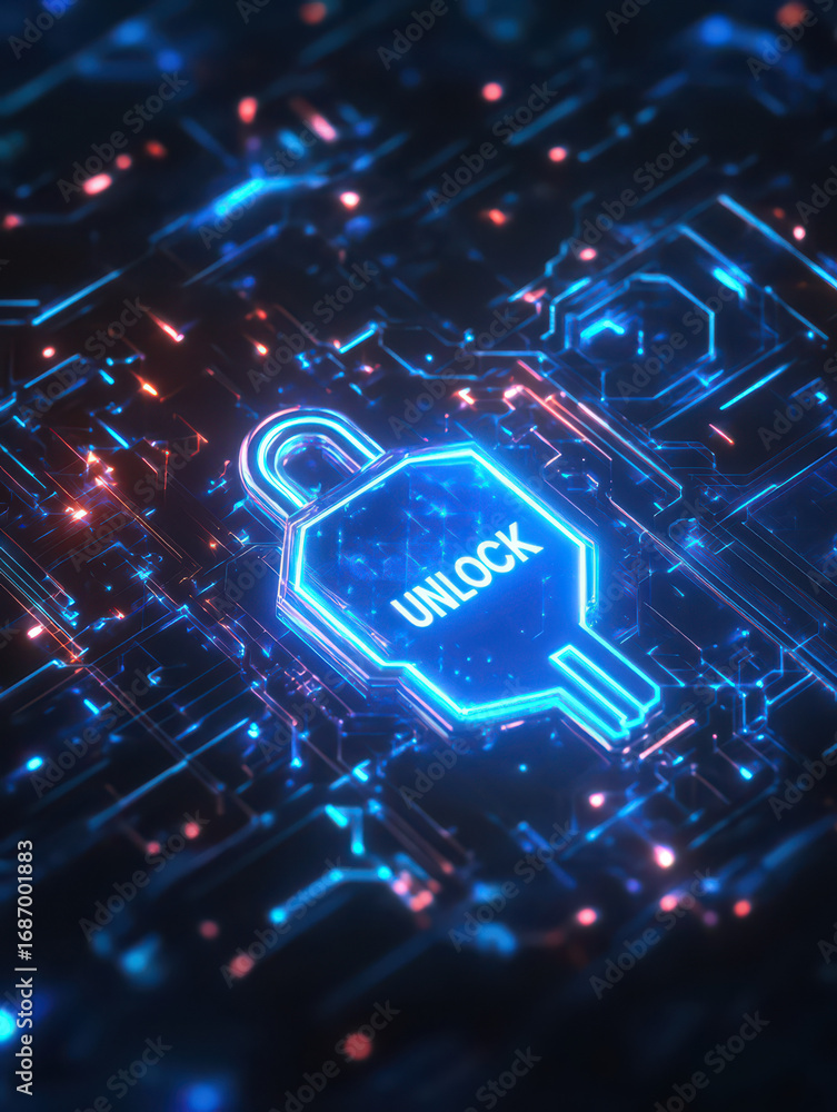 Aufkleber digital security: an illuminated lock pulses with the promise of unlocking data in a world of intric