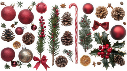 Assortment of festive christmas decorations including red baubles, pine cones, candy canes, fir branches, and holly berries, isolated on transparent background