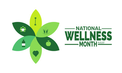 national wellness month in August. Green leaves and health icon background concept. Poster Banner design vector illustration.
