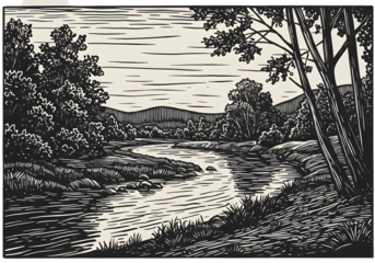 Vintage Woodcut Illustration Of A River Landscape With Trees And Sunlight
