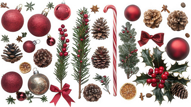 Assortment of festive christmas decorations including red baubles, pine cones, candy canes, fir branches, and holly berries, isolated on transparent background