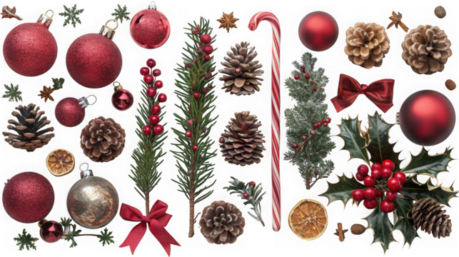Assortment of festive christmas decorations including red baubles, pine cones, candy canes, fir branches, and holly berries, isolated on transparent background - Powered by Adobe