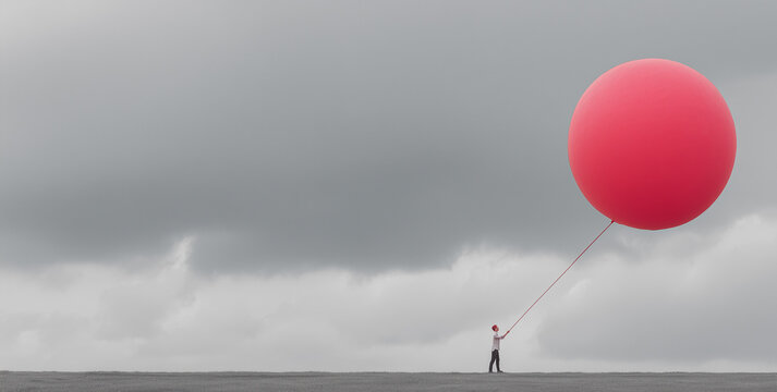 Bright red balloon contrasts with gray sky as person holds it in a vast, open landscape during cloudy weather Generative AI