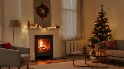 Cozy living room with fireplace and christmas tree