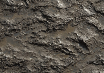 Texture of rugged terrain with dark rocky surface resembling volcanic landscape in natural light at sunset Generative AI
