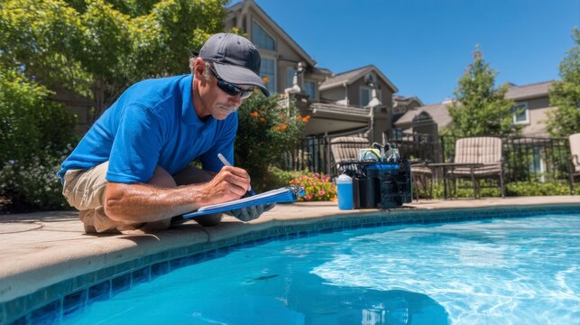 Pool Maintenance Technician Testing Water Quality in Residential Area