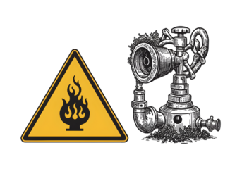 Warning Sign With Fire And A Mechanical System Illustration On Transparent Background