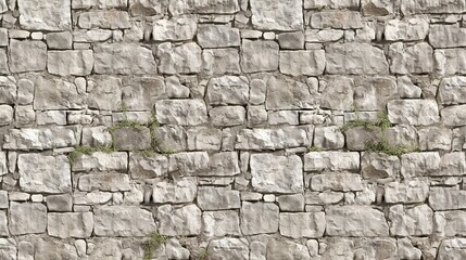 Fototapeta premium A stone wall made of grayish-white rocks in a horizontal pattern with clear edges, a building built by man for many years for buildings or ruins.