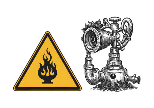 Warning Sign With Fire And A Mechanical System Illustration On Transparent Background