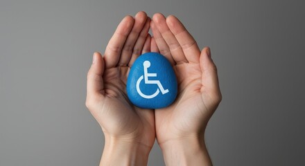Empathy and Care: Close-up capture of hands gently cradling a stone with a wheelchair accessibility symbol. Emphasizing support and awareness.