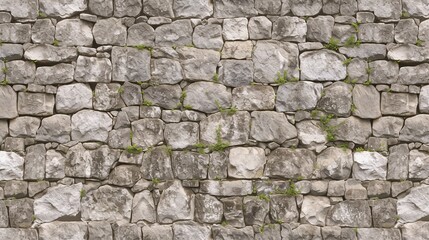Fototapeta premium A stone wall made of grayish-white rocks in a horizontal pattern with clear edges, a building built by man for many years for buildings or ruins.