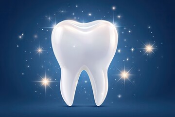 Sparkling white tooth illustration against a dark blue background.