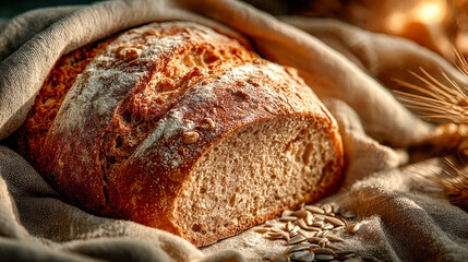 Freshly baked artisanal bread resting on a linen cloth with golden wheat nearby in a warm kitchen setting