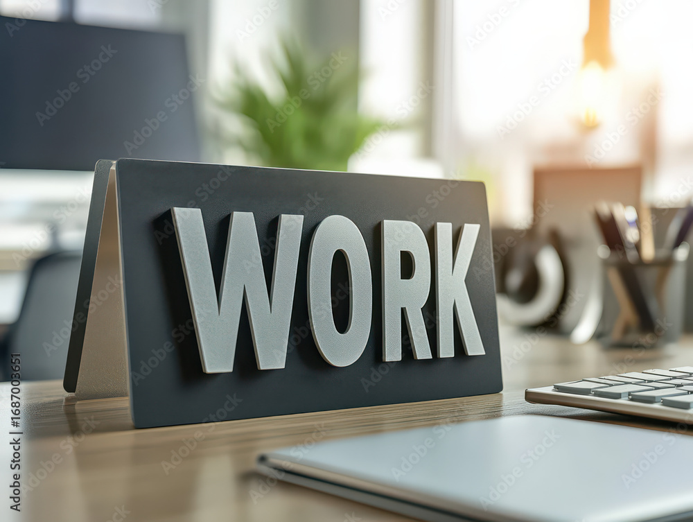 Poster work tabletop display: a close-up shot of an office desk with the word work displayed on a sign, hig