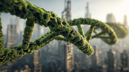 Naklejka premium Green DNA strand intertwines with futuristic cityscape under bright daylight Generative AI