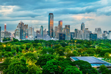 Bangkok city skyline with Lumpini park from top view, Thailand.	