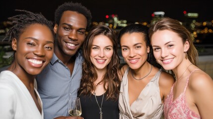 Obraz premium Celebrating friendship a night out in the city group portrait urban skyline festive atmosphere joyful gathering