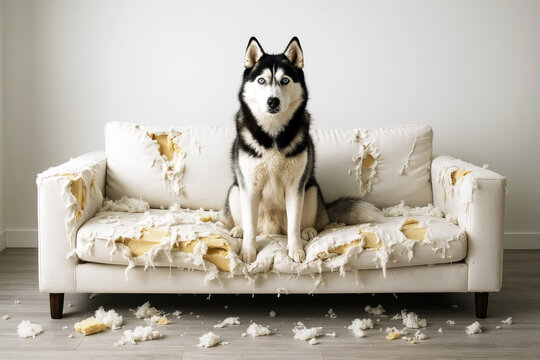 A Siberian Husky dog sits on chewed and destroyed white sofa. Home alone pets, naughty dogs concept.