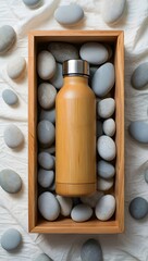 Fototapeta premium Bamboo bottle with stones in a wooden box on white fabric background image is cool 90