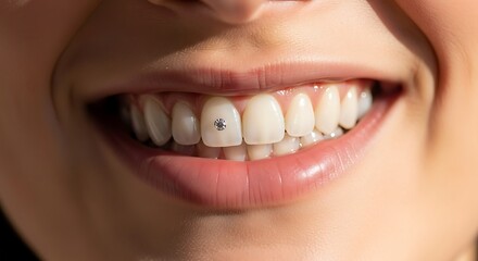 Fototapeta premium Close-up of a Smiling Persons Teeth with Tiny Black Markings.