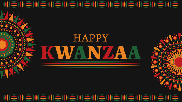 Happy kwanzaa banner with abstract ornament celebrating annual holiday. Vector illustration.