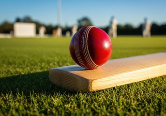 Cricket bat and ball on green pitch under clear sky during daytime match