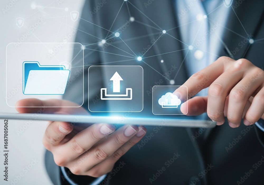 Poster businessman using digital tablet for cloud data upload with virtual interface