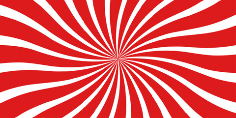 Abstract grunge red and white sunburst retro rays pattern. Dynamic abstract spiral design with a central focal point with wavy stripes. Hypnotic swirl radiates symmetrically sense of motion and energy