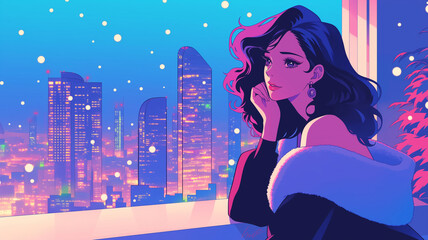 クリスマスツリーと煌めく飾りに囲まれた冬のシーン、アニメタッチで描かれた美少女が頬を赤らめ微笑む12月のイラスト、幻想的で暖かい雰囲気が魅力の作品