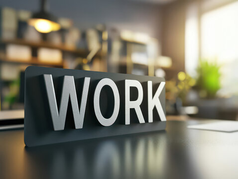 Work Space: A striking visual of the word WORK prominently displayed in a modern office environment, evoking a sense of productivity, dedication and a creative space.