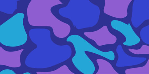 Abstract floral seamless pattern of blue and purple flowers and swirling waves on a blue background. Isolated set of colorful stickers, labels and badges elements of different shapes and forms. circle