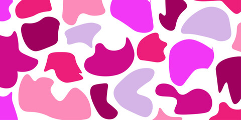 Seamless vector pattern with pink paint splashes, hearts, and silhouette animals. modern multicolored wallpaper. Cute colorful cartoon speech bubbles with romantic, comic text and exclamation phrases
