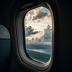 Fototapeta premium View of clouds and landscape from an airplane window at sunset