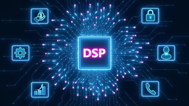 DSP - Demand Side Platform business, Technology, Internet and network concept. Abstract glowing blue circuit board background