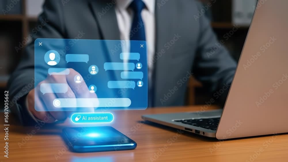 Poster a man is using a laptop and a cell phone. the cell phone is displaying a message that says 