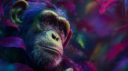 A vibrant scene showcasing a dynamic and playful chimpanzee mastering neural network artistry for mesmerizing digital imagery in a surreal jungle