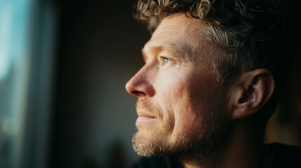 Obraz premium Close-Up Profile of Contemplative Startup Owner Gazing Outside