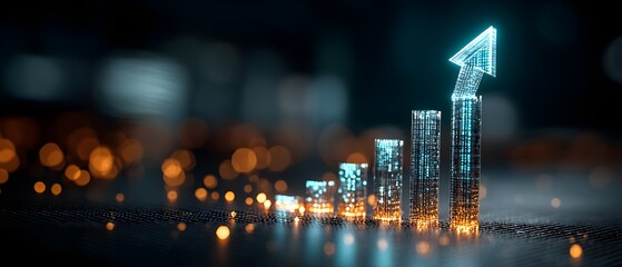 Digital bar graph with upward arrow signifies financial growth and success in a futuristic city setting.
