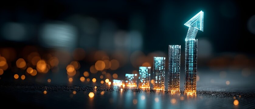 Digital bar graph with upward arrow signifies financial growth and success in a futuristic city setting.