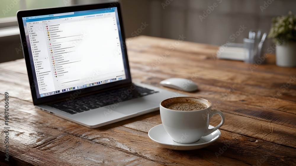 Poster a steaming cup of coffee rests beside an open laptop displaying an email inbox on a rustic wooden de