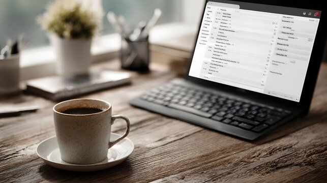 A laptop displaying an email interface sits on a wooden desk next to a steaming cup of coffee - Powered by Adobe